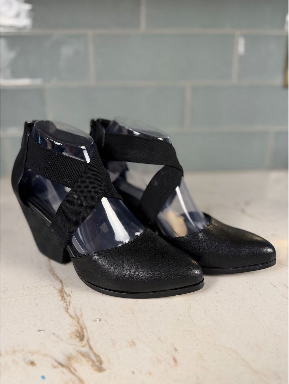 Eileen Fisher Women's Margo Black Elastic Cross Strap Wedge Pumps Sz. 7.5